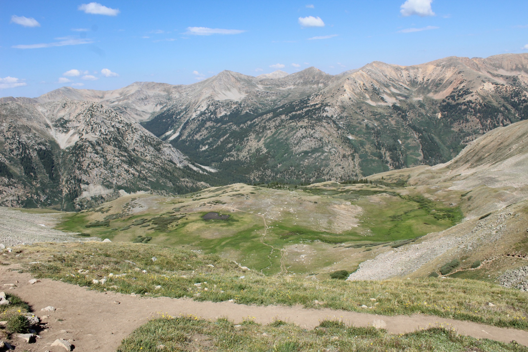 Sweeping view of the Sawatch Range from high on Huron Peak, green basin below with a trail winding through