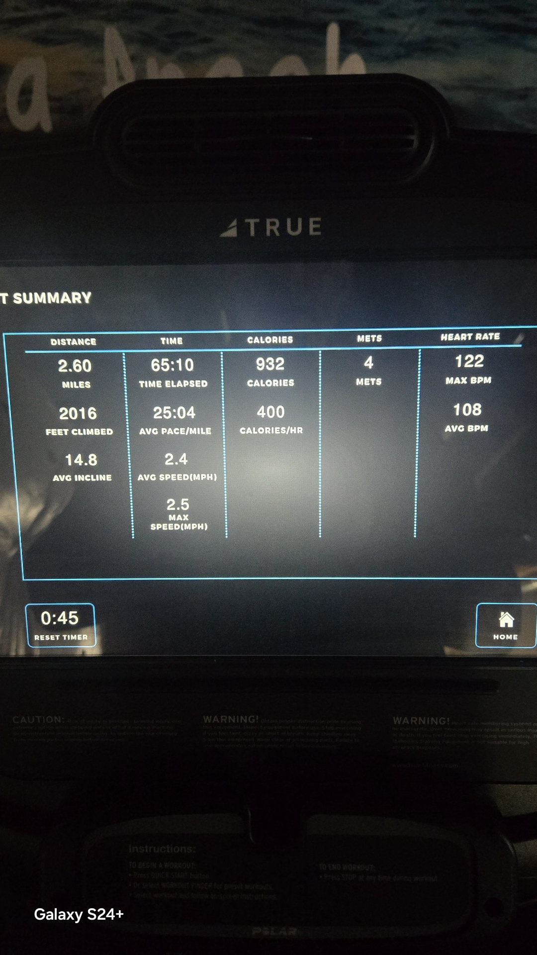 Treadmill summary: 2.60 mi, 2,016 ft climbed, 14.8% incline