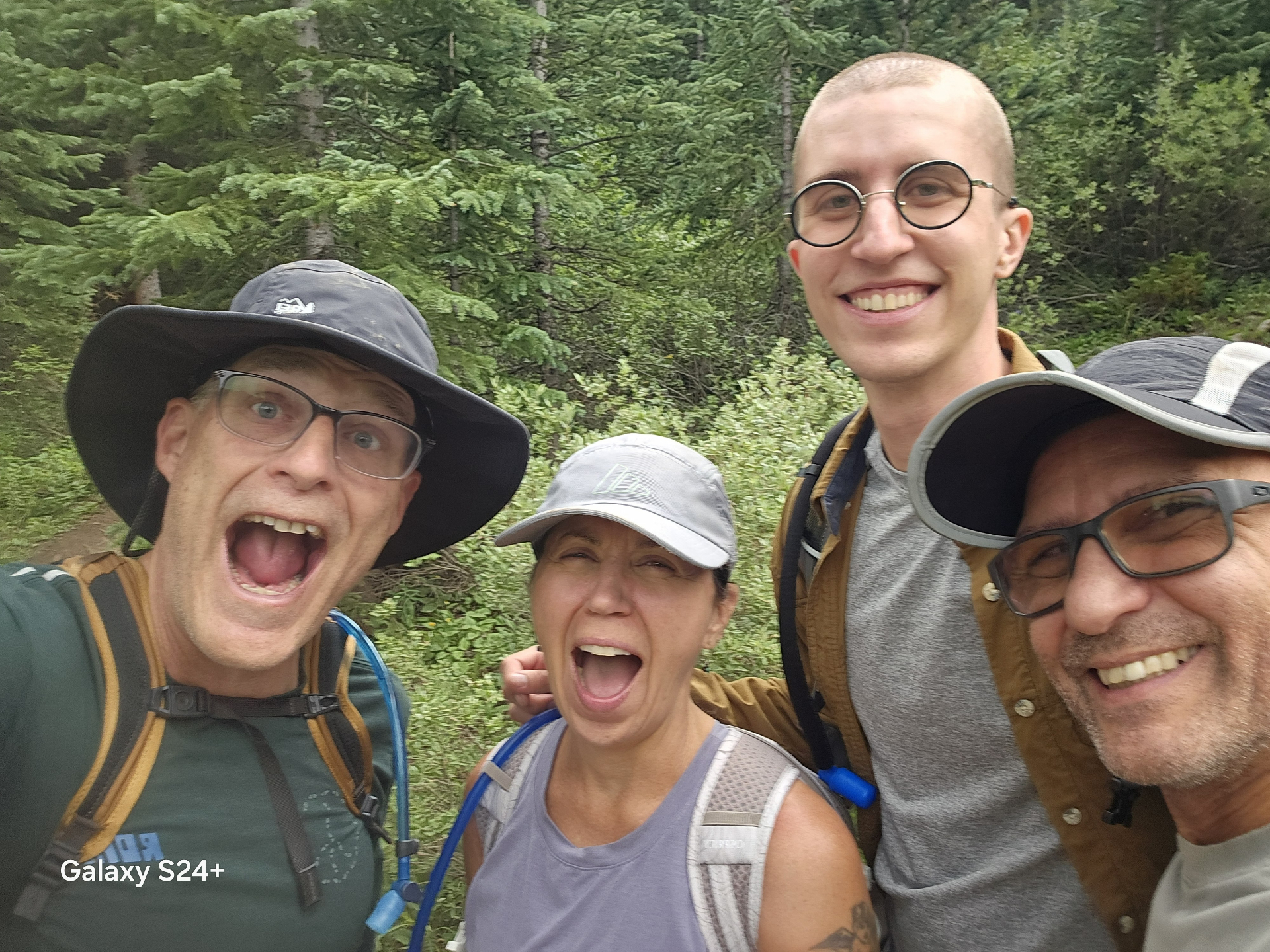 Four hikers smiling and cheering in a group selfie on the forested Huron Peak trail after summiting